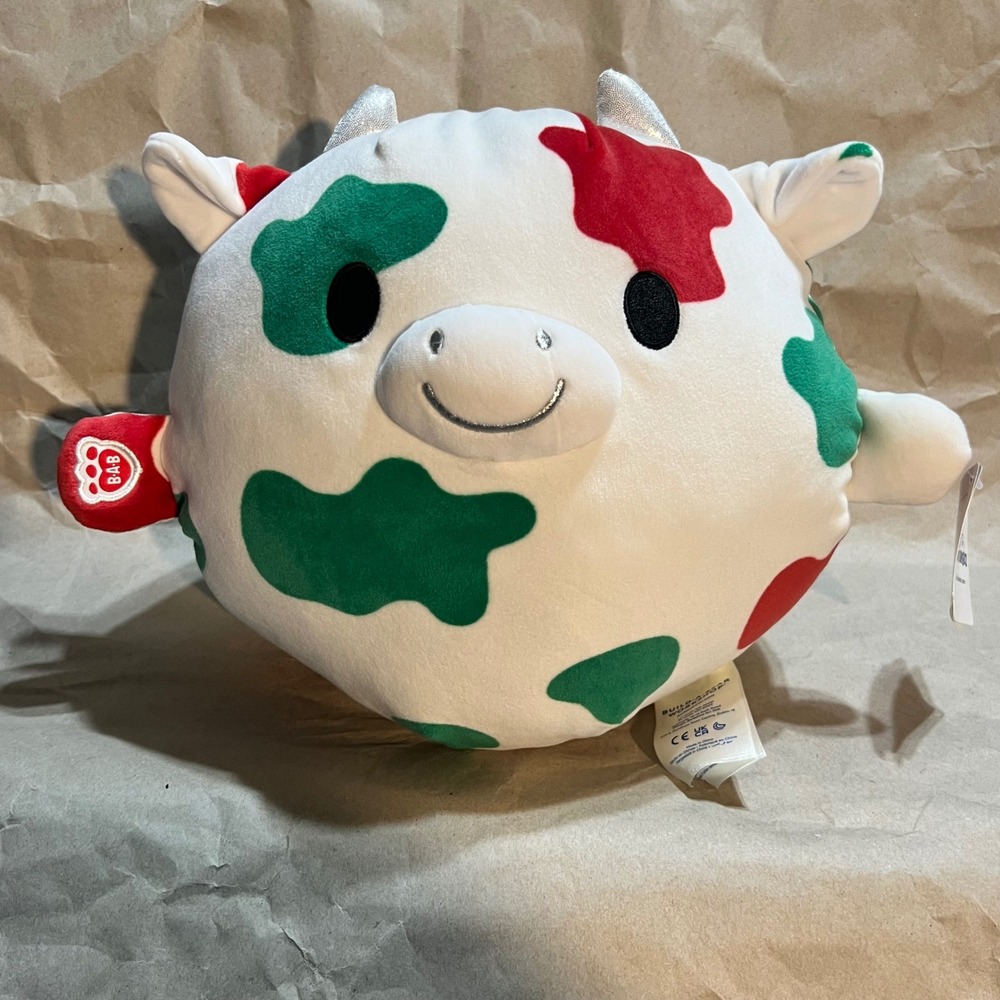 Build-A-Bear 12in Skoosherz Plush Cow White Red Green Holiday Spotted Soft Toy